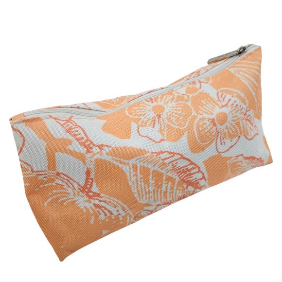 Clinique Makeup Cosmetic Pouch Floral Orange White Canvas Silver Zipper Pull - Picture 1 of 7